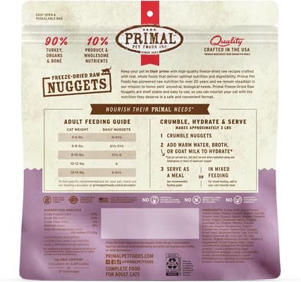 Show full view: Primal Turkey Formula Nuggets Grain-Free Raw Freeze-Dried Cat Food, 14-oz bag slide 3 of 12