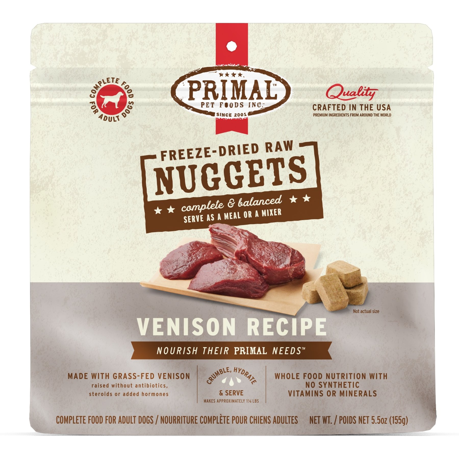Primal Venison Nuggets Grain-Free Raw Freeze-Dried Dog Food, 5.5-oz bag