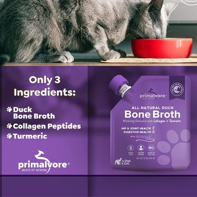 Show full view: Primalvore All Natural Duck Bone Broth with Collagen + Turmeric Dog & Cat Food Topping, 12-oz bag, 6 count slide 4 of 8