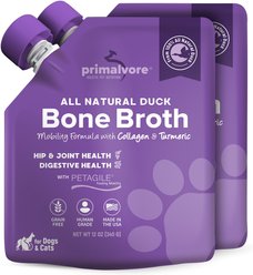 Primalvore All Natural Duck Bone Broth with Collagen & Turmeric Hip & Joint Support Grain-Free Liquid Dog Food Topper, 12-oz pouch, case of 2