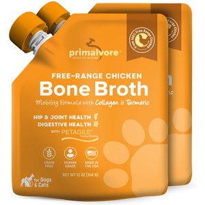 Primalvore Free Range Chicken Bone Broth with Collagen & Turmeric Hip & Joint Support Grain-Free Liquid Dog Food Topper, 12-oz pouch, case of 2