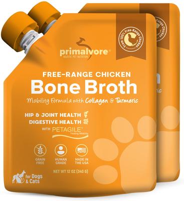 Show full view: Primalvore Free Range Chicken Bone Broth with Collagen & Turmeric Hip & Joint Support Grain-Free Liquid Dog Food Topper, 12-oz pouch, case of 2 slide 1 of 8