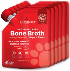 Primalvore Grass-Fed Beef Bone Broth with Collagen + Turmeric Dog & Cat Food Topping, 12-oz bag, 6 count