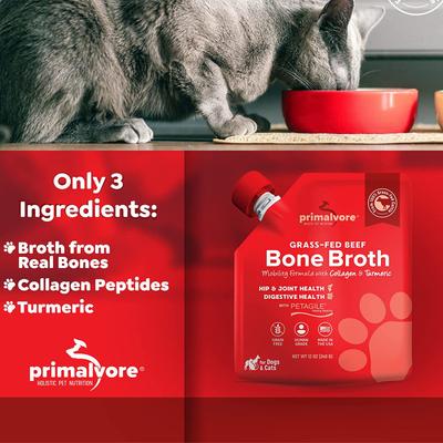 Show full view: Primalvore Grass-Fed Beef Bone Broth with Collagen + Turmeric Dog & Cat Food Topping, 12-oz bag, 6 count slide 4 of 8