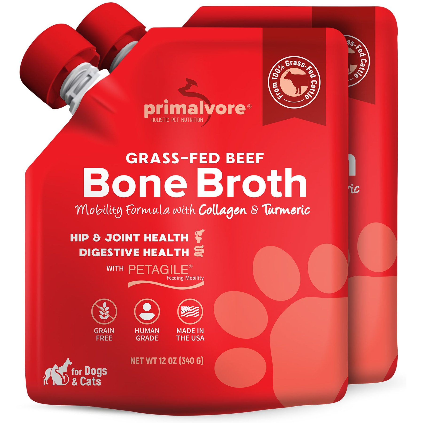 Primalvore Grass-Fed Beef Bone Broth with Collagen & Turmeric Hip & Joint Support Grain-Free Liquid Dog Food Topper, 12-oz bag, case of 2