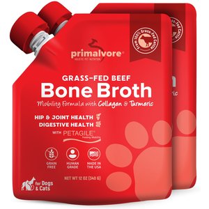 Primalvore Grass-Fed Beef Bone Broth with Collagen & Turmeric Hip & Joint Support Grain-Free Liquid Dog Food Topper, 12-oz pouch, case of 2
