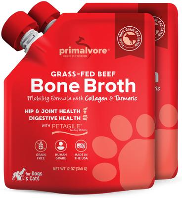 Show full view: Primalvore Grass-Fed Beef Bone Broth with Collagen & Turmeric Hip & Joint Support Grain-Free Liquid Dog Food Topper, 12-oz pouch, case of 2 slide 1 of 8