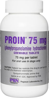 Show full view: Proin (phenylpropanolamine hydrochloride) Chewable Tablets for Dogs, 75-mg, 60 tablets slide 1 of 6