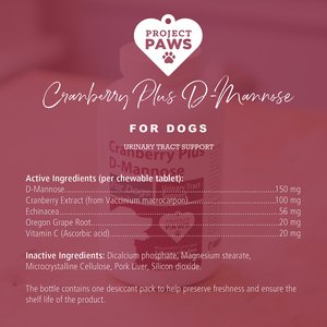 Project Paws Cranberry Plus D-Mannose Urinary Tract Support Chewable Dog Supplement, 75 count