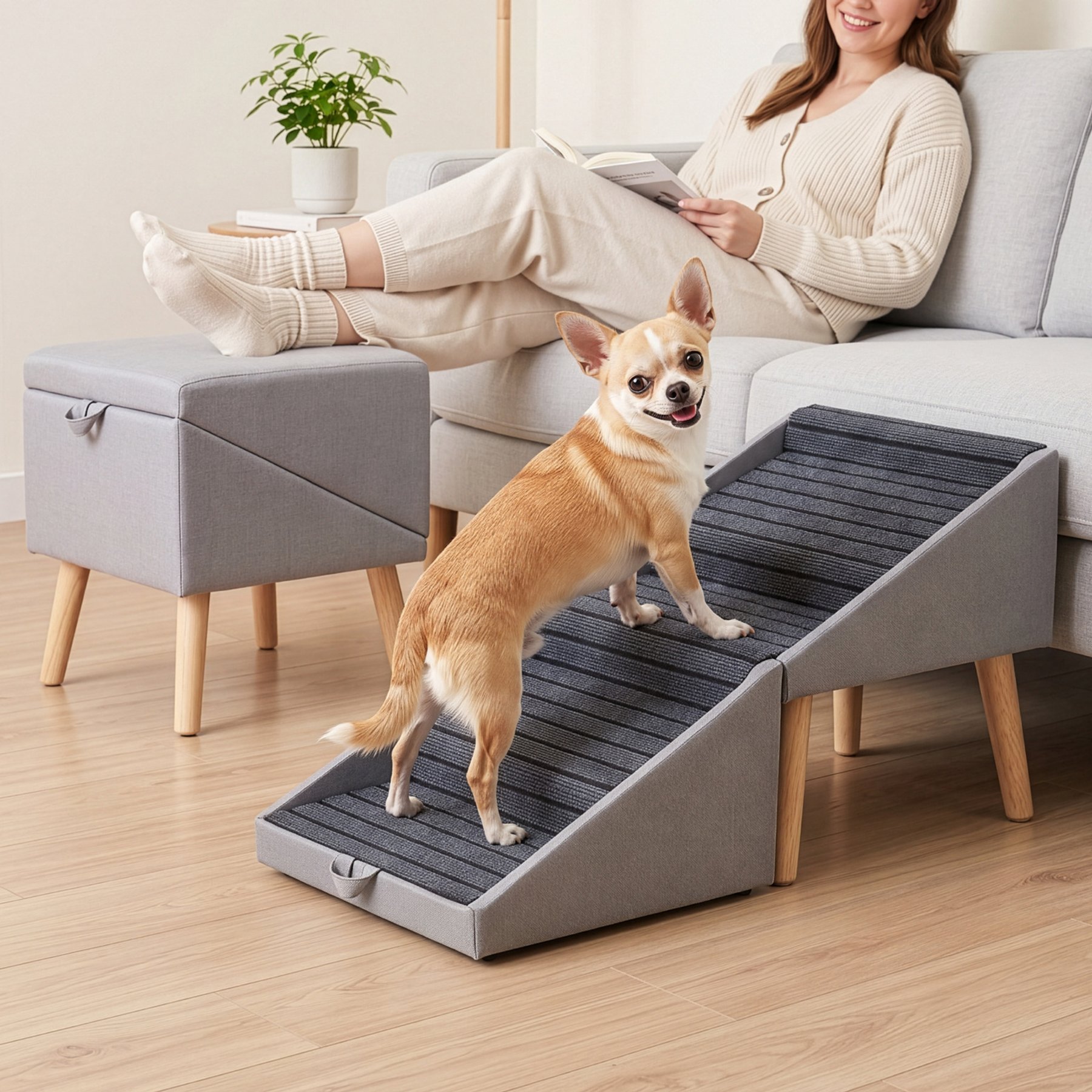 Protecto 2-in-1 Foldable Dog Stairs, Grey, 18.9 x 16.1 x 17.3-in