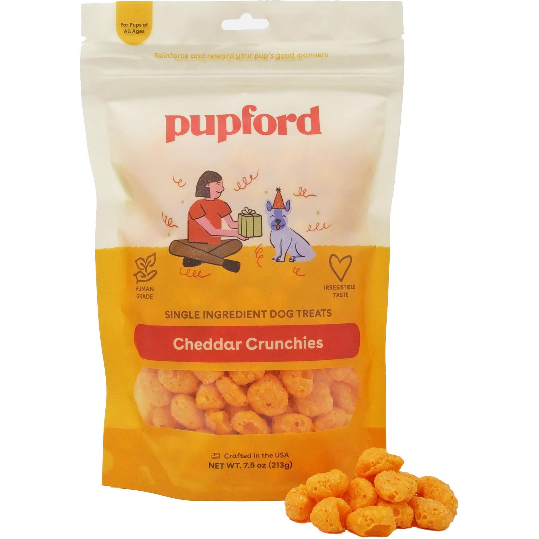 Pupford Cheddar Crunchies Human-Grade Single Ingredient Cheddar Cheese Flavored Crunchy Dog Treats, 7-oz bag