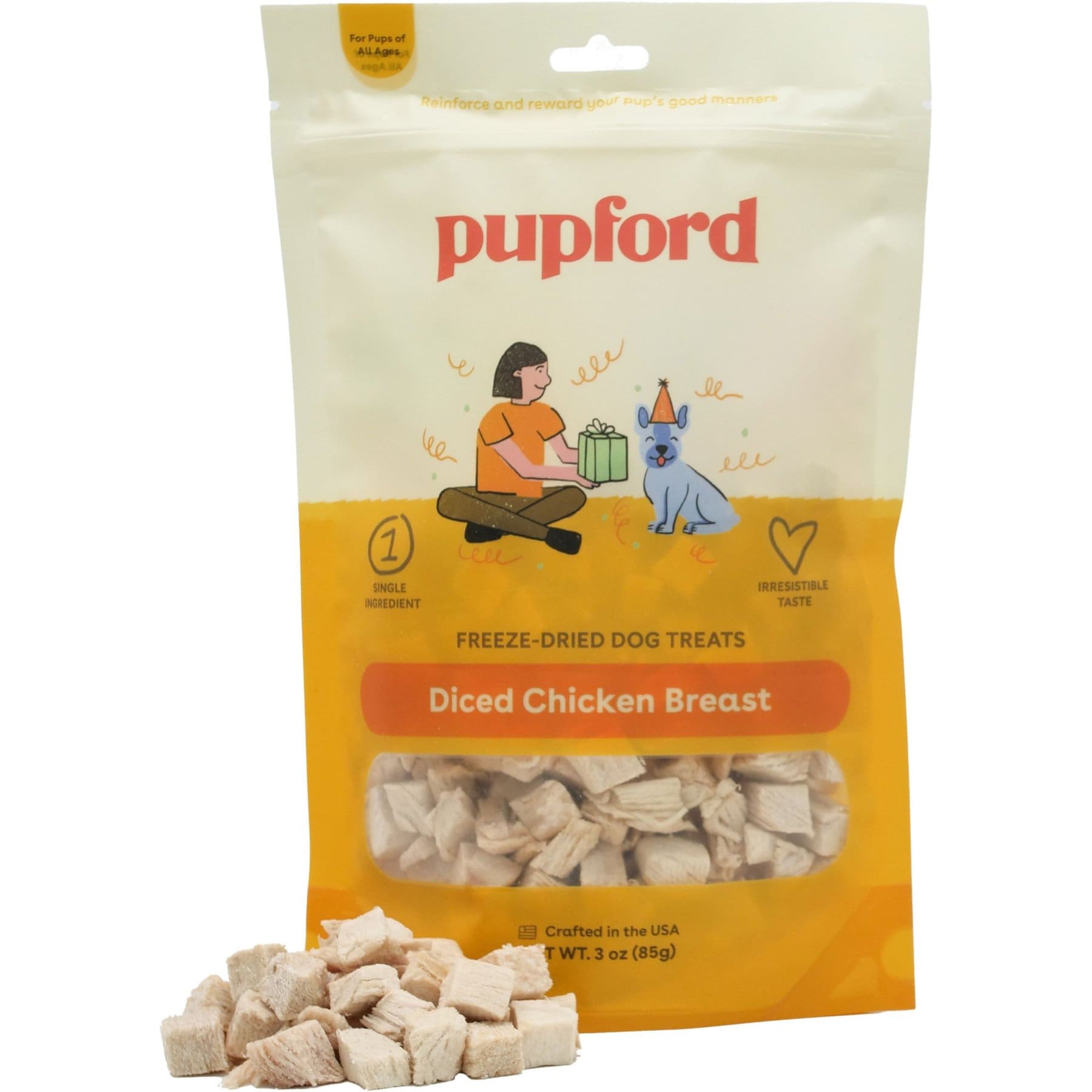 Pupford Diced Chicken Breast Limited Ingredient Freeze-Dried Dog Treats, 3-oz bag