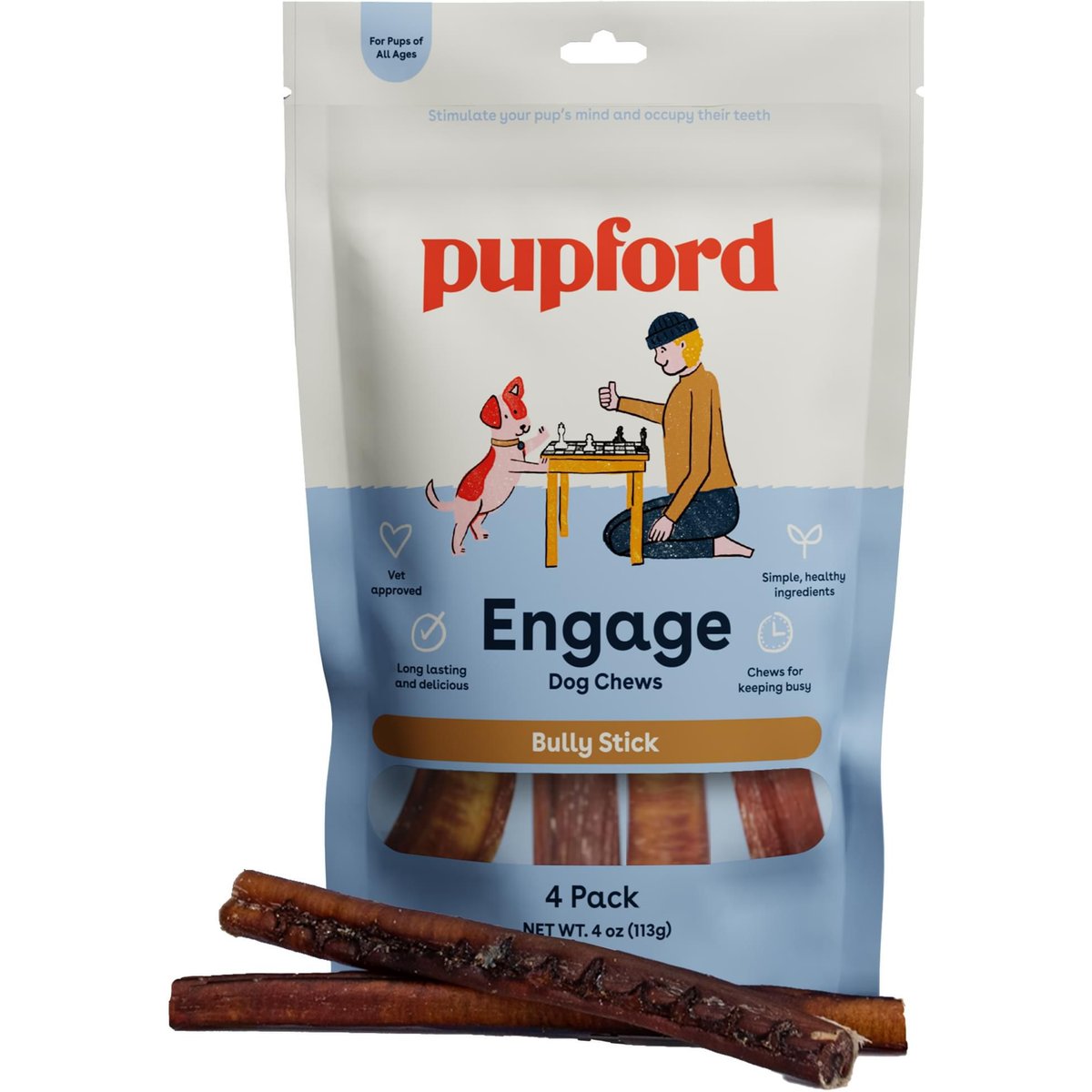 Pupford Engage Bully Sticks Dog Chews, 4 count