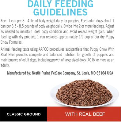 Show full view: Puppy Chow Classic Ground Beef Pate Wet Puppy Food, 5.5-oz can, case of 24 slide 9 of 11