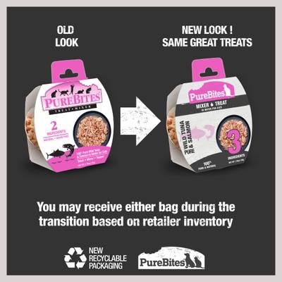 Show full view: PureBites Mixers 100% Wild Skipjack Tuna & Alaskan Salmon in Water Cat Food Topping, 1.76-oz tray, case of 12 slide 3 of 11
