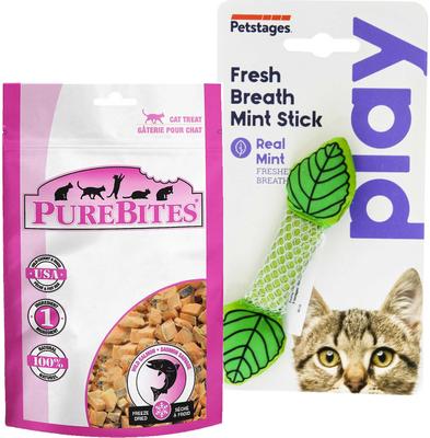 Show full view: PureBites Salmon Freeze-Dried Raw Cat Treats, 0.92-oz bag + Petstages Fresh Breath Mint Stick Cat Chew Toy slide 1 of 7
