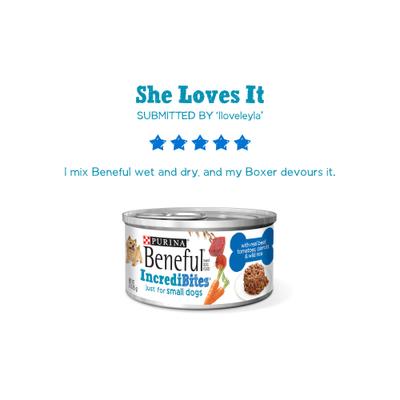 Show full view: Purina Beneful IncrediBites with Real Beef, Carrots, Wild Rice & Gravy Small Breed Wet Dog Food, 3-oz, case of 24 slide 7 of 12