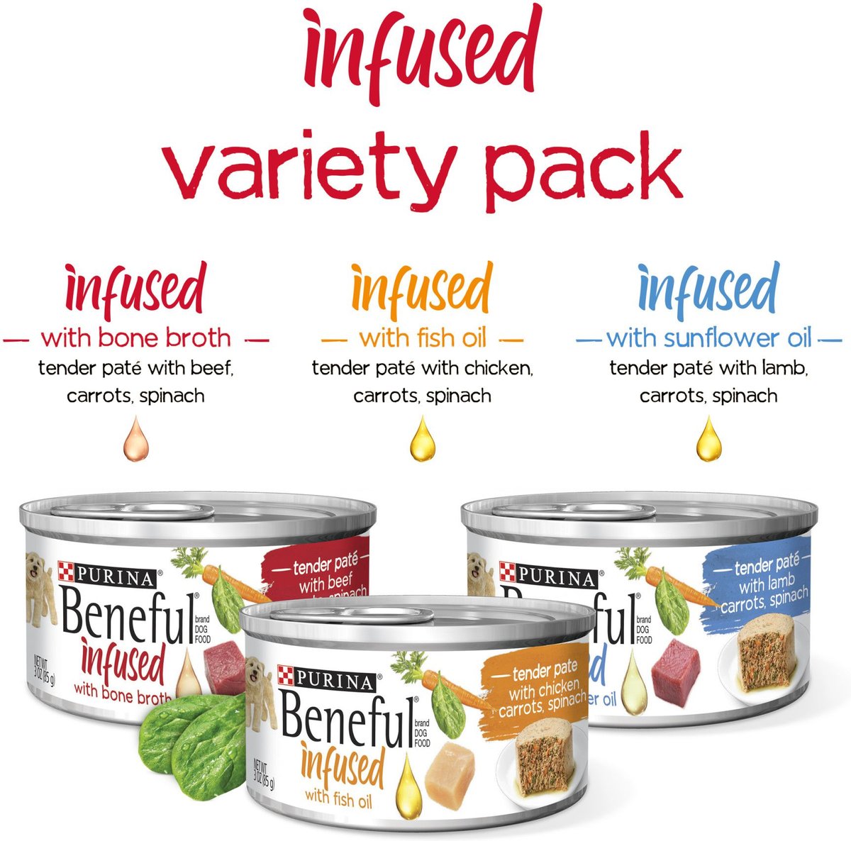 Purina Beneful Infused Pate with Real Lamb, Chicken, Beef Variety Pack Wet Dog Food, 3-oz can, case of 24