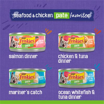 Show full view: Purina Friskies Seafood & Chicken Pate Favorites Variety Pack Wet Cat Food, 5.5-oz can, case of 48 slide 3 of 13