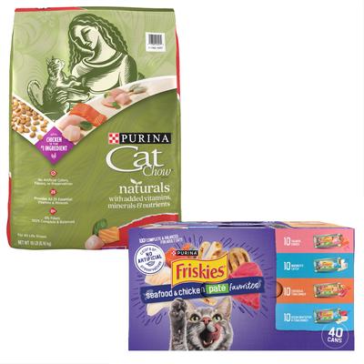 Show full view: Purina Friskies Seafood & Chicken Pate Favorites Variety Pack Wet Food + Cat Chow Naturals Original Dry Cat Food slide 1 of 10