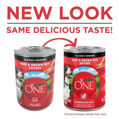 Show full view: Purina ONE Classic Ground Beef & Brown Rice Entree Adult Wet Dog Food, 13-oz can, case of 12 slide 3 of 12