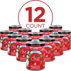 Purina ONE Classic Ground Beef & Brown Rice Entree Adult Wet Dog Food, 13-oz can, case of 12 slide 2 of 9