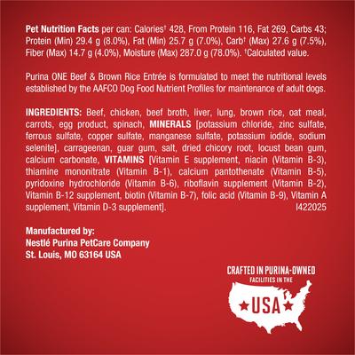 Show full view: Purina ONE Classic Ground Beef & Brown Rice Entree Adult Wet Dog Food, 13-oz can, case of 12 slide 9 of 12