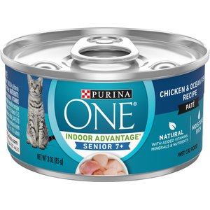 Purina ONE Indoor Advantage 7+ Chicken & Ocean Fish Recipe Pate Wet Cat Food, 3-oz can, case of 24