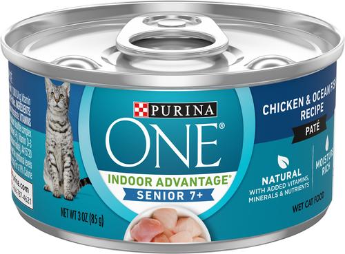 Show full view: Purina ONE Indoor Advantage 7+ Chicken & Ocean Fish Recipe Pate Wet Cat Food, 3-oz can, case of 24 slide 1 of 14
