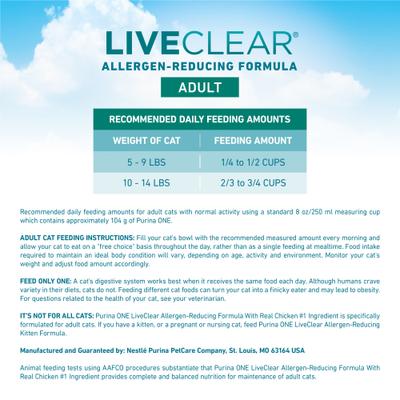 Show full view: Purina ONE LiveClear Allergen-Reducing Formula Chicken Flavor Dry Cat Food, 3-lb bag slide 10 of 12