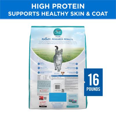 Show full view: Purina ONE Plus Skin & Coat Health Formula Natural Salmon & Ocean Whitefish High Protein Dry Cat Food, 16-lb bag slide 3 of 12