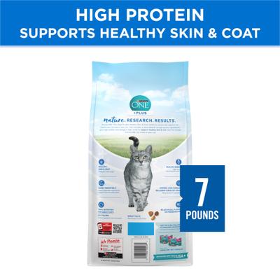 Show full view: Purina ONE Plus Skin & Coat Health Formula Natural Salmon & Ocean Whitefish High Protein Dry Cat Food, 7-lb bag slide 3 of 12