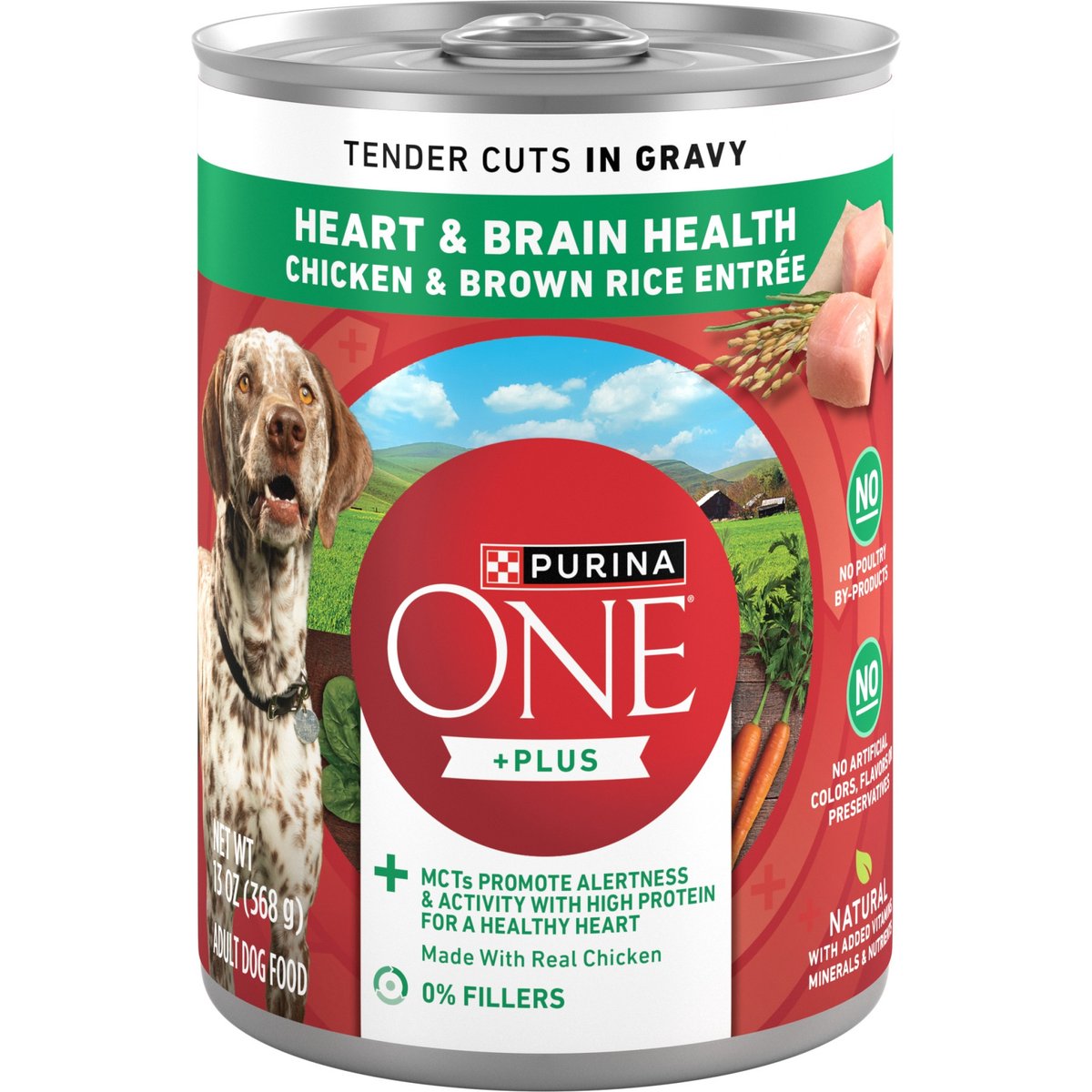 Purina ONE Plus Tender Cuts in Gravy Heart & Brain Chicken & Brown Rice Entree Natural Wet Dog Food, 13-oz can, case of 12