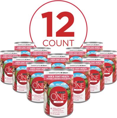 Show full view: Purina ONE Plus Tender Cuts in Gravy Skin & Coat Chicken & Brown Rice Entree Natural Wet Dog Food, 13-oz can, case of 12 slide 3 of 12
