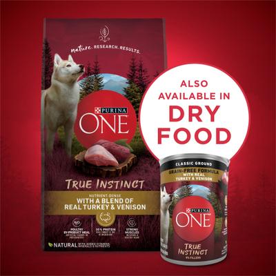 Show full view: Purina ONE SmartBlend Grain-Free True Instinct Classic Ground with Real Turkey & Venison Canned Dog Food, 13-oz, case of 12 slide 7 of 11