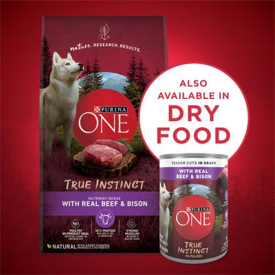 Show full view: Purina ONE SmartBlend True Instinct Tender Cuts In Gravy Real Beef & Bison Wet Dog Food, 13-oz can, case of 12 slide 8 of 12