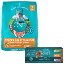 Purina ONE Tender Selects Blend with Real Chicken Dry Food + True Instinct Turkey, Chicken & Tuna Variety Pack Canned Cat Food