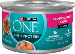 Purina ONE Natural Salmon & Trout Recipe in Sauce High Protein Wet Cat Food, 3-oz can, case of 24