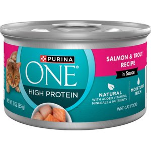 Purina ONE Natural Salmon & Trout Recipe in Sauce High Protein Wet Cat Food, 3-oz can, case of 24