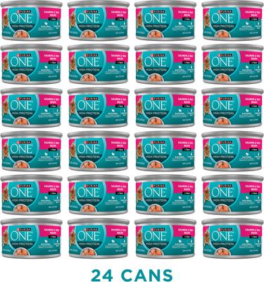 Show full view: Purina ONE Natural Salmon & Trout Recipe in Sauce High Protein Wet Cat Food, 3-oz can, case of 24 slide 3 of 11