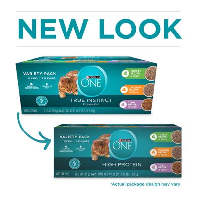 Show full view: Purina ONE Natural Turkey, Chicken & Tuna Variety Pack High Protein Wet Cat Food, 3-oz can, bundle of 36  slide 3 of 13