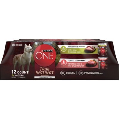 Purina ONE Purina ONE True Instinct Variety Pack High Protein Tender Cuts in Gravy Chicken & Duck, Beef & Salmon Wet Dog Food, 13-oz can, case of 12