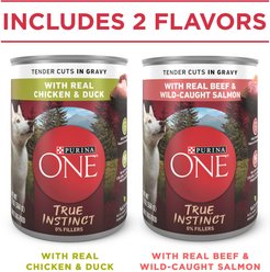 Purina ONE True Instinct Variety Pack High Protein Tender Cuts in Gravy Chicken & Duck, Beef & Salmon Wet Dog Food, 13-oz can, case of 12 slide 2 of 8
