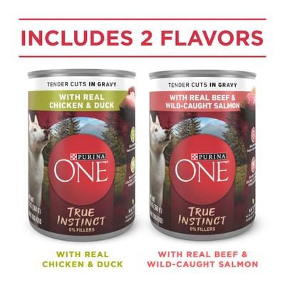Show full view: Purina ONE True Instinct Variety Pack High Protein Tender Cuts in Gravy Chicken & Duck, Beef & Salmon Wet Dog Food, 13-oz can, case of 12 slide 3 of 10