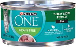 Purina ONE Turkey Recipe Pate Grain-Free Natural High Protein Canned Cat Food, 3-oz, case of 24