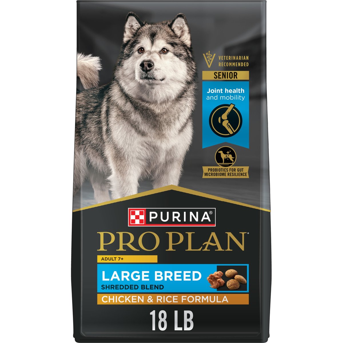 Purina Pro Plan Complete Essentials Large Breed Adult 7+ Shredded Blend Chicken & Rice High Protein Formula with Probiotics Dry Dog Food, 18-lb bag