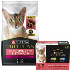 Purina Pro Plan Adult Sensitive Skin & Stomach Lamb & Rice Formula Dry Food, 7-lb bag + Focus Sensitive Skin & Stomach Duck & Arctic Char Variety Pack Canned Cat Food