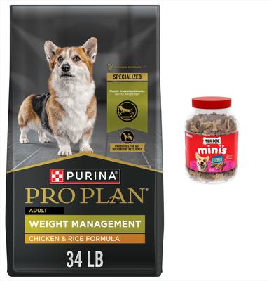 Show full view: Purina Pro Plan Adult Weight Management Formula Dry Food + Milk-Bone Mini's Flavor Snacks Beef, Chicken & Bacon Flavored Biscuit Dog Treats slide 1 of 10