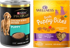Purina Pro Plan Focus Puppy Classic Chicken & Rice Entree Canned Food + Wellness Soft Puppy Bites Lamb & Salmon Recipe Grain-Free Dog Treats