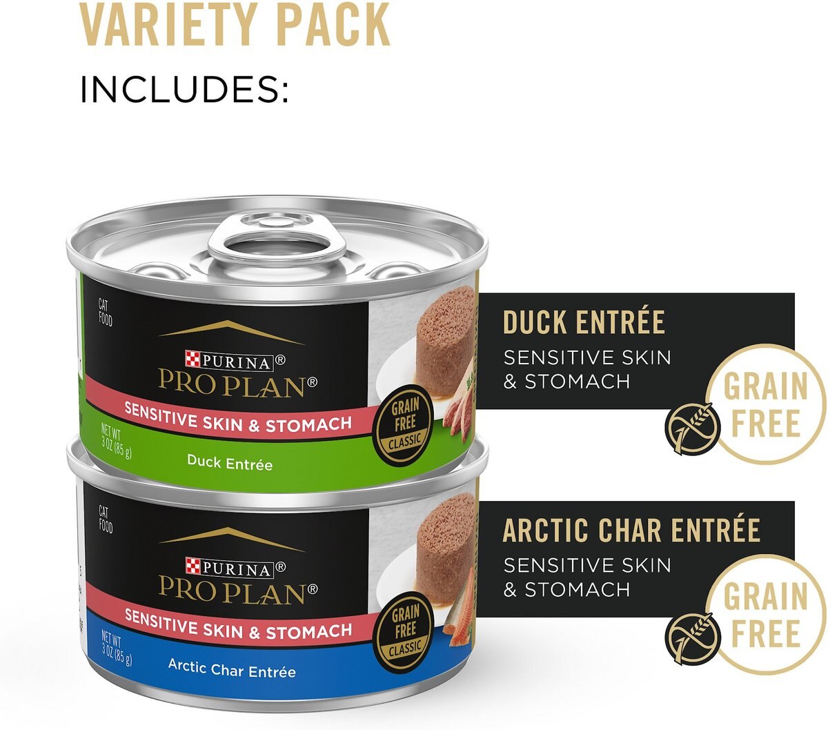 Purina Pro Plan Focus Sensitive Skin & Stomach Duck & Arctic Char Variety Pack Canned Cat Food, 3-oz can, case of 24